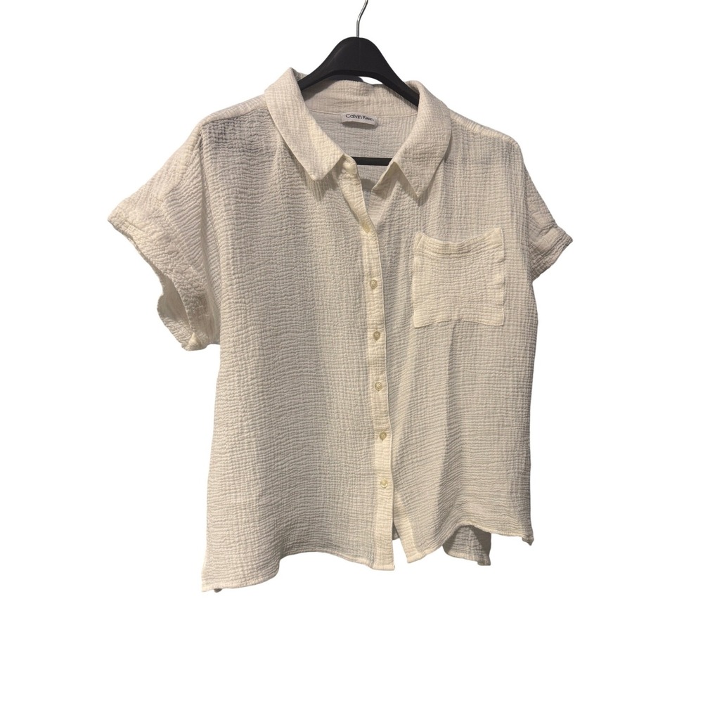 Calvin Klein White Cotton Gauze Short Sleeve Button Up Shirt ZC1DA554
